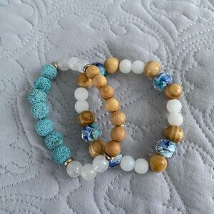 Beaded Bracelet Set with Blue and Wood Accents